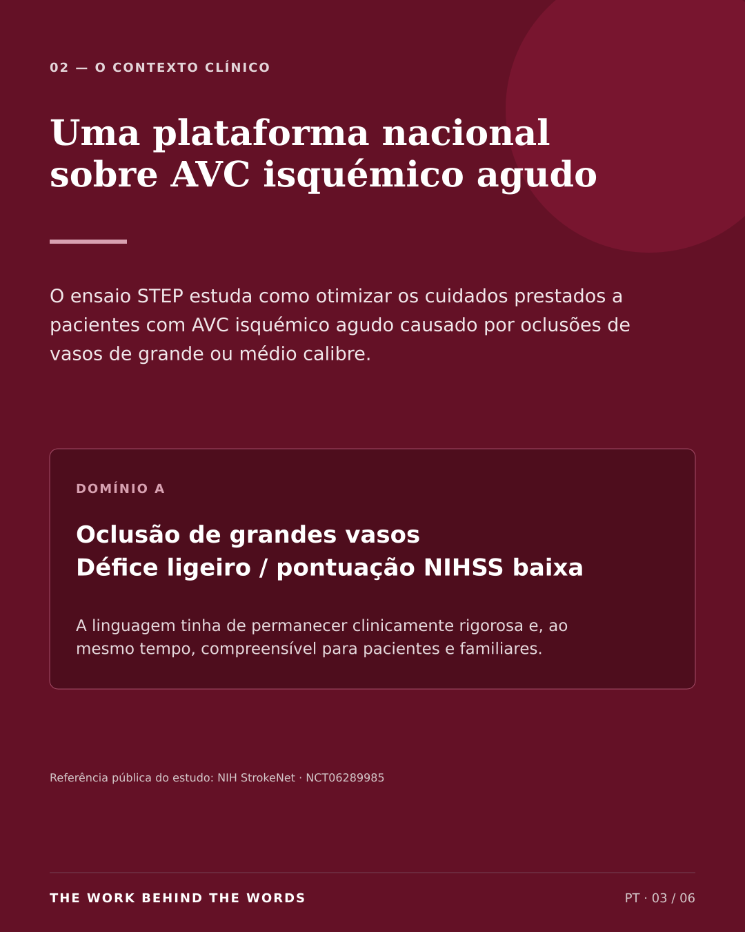 Contexto clínico: uma plataforma nacional de investigação sobre AVC isquémico agudo.
