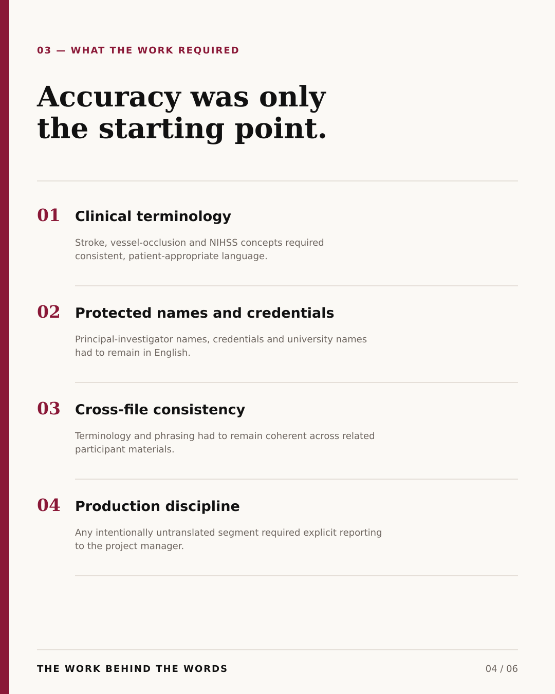 Four requirements: clinical terminology, protected names, consistency and production discipline.