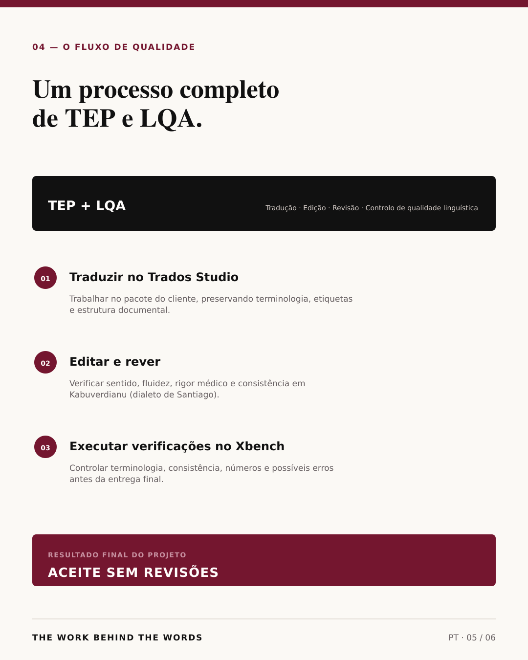 Fluxo de qualidade no Trados Studio e Xbench, aceite sem revisões.