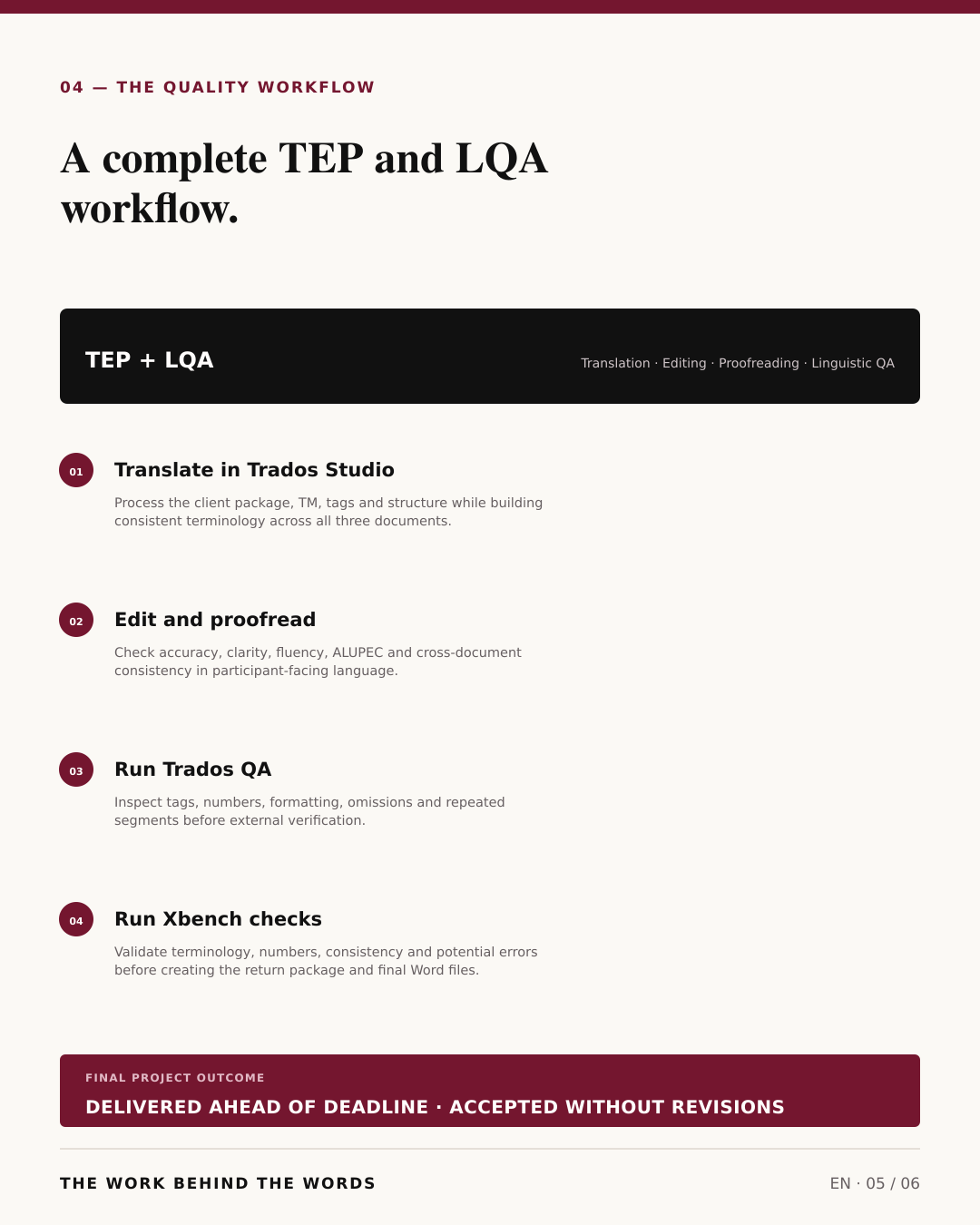Quality workflow in Trados Studio and Xbench with formal TEP and LQA.